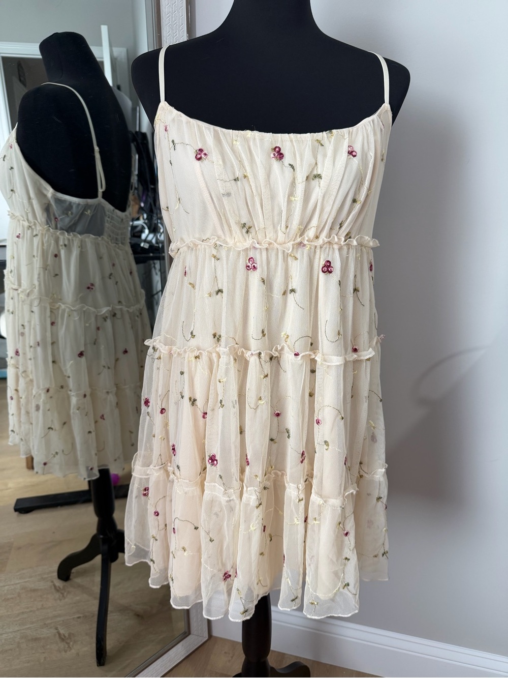 Trixxi Cream Slip Dress with Pink Floral Embroidery